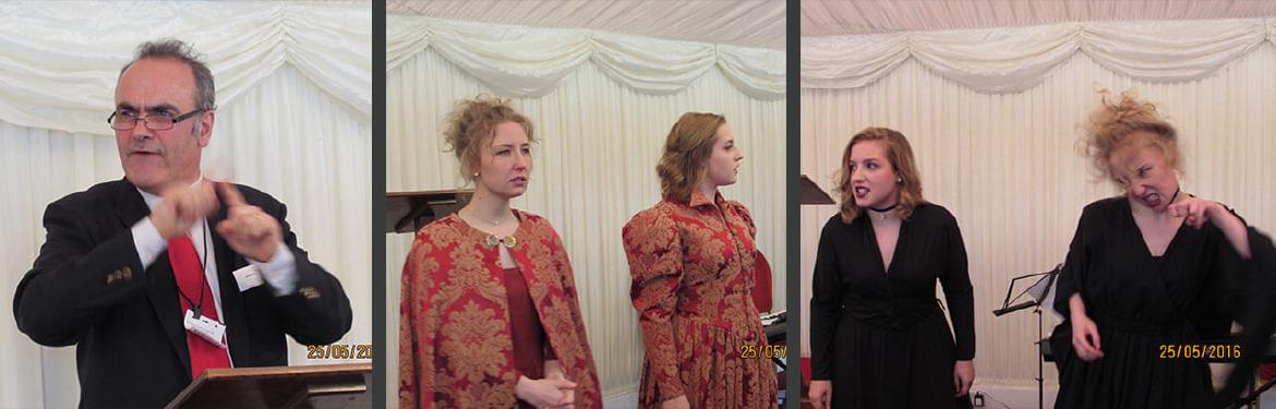 Left: Ilan Dwek who is an outstanding Lecturer in Signed Theatre and is deaf himself. Centre and Right: Alice Taylor and Rachel Merry, who are third year students on the Signed Theatre course, perform two “Monologues of Shakespeare”. Alice performed as Margaret from King Richard III – and was voiced by Rachel; and Rachael performed as Tamora from Titus Andronicus - voiced by Alice